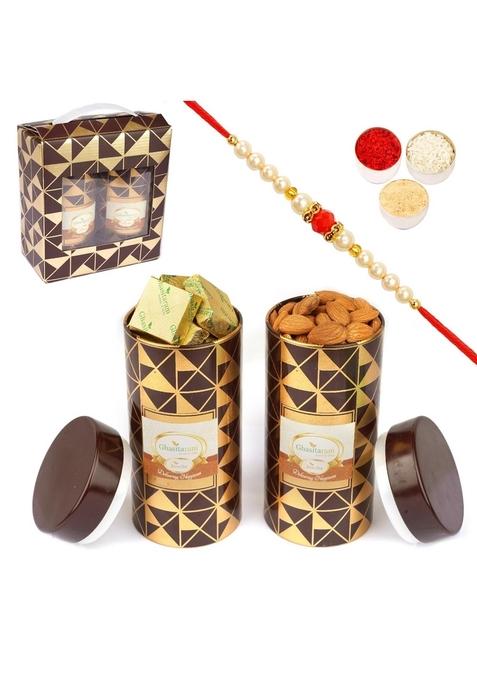 Ghasitaram Rakhi Gifts for Brothers Box 2 Tin Jars of Almonds and MEWA Bites with Pearl