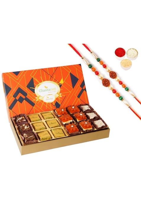 Ghasitaram Gifts Rakhi for Brother MEWA Bites in Designer Box 18 pcs with 2 Rudraksh rakhis
