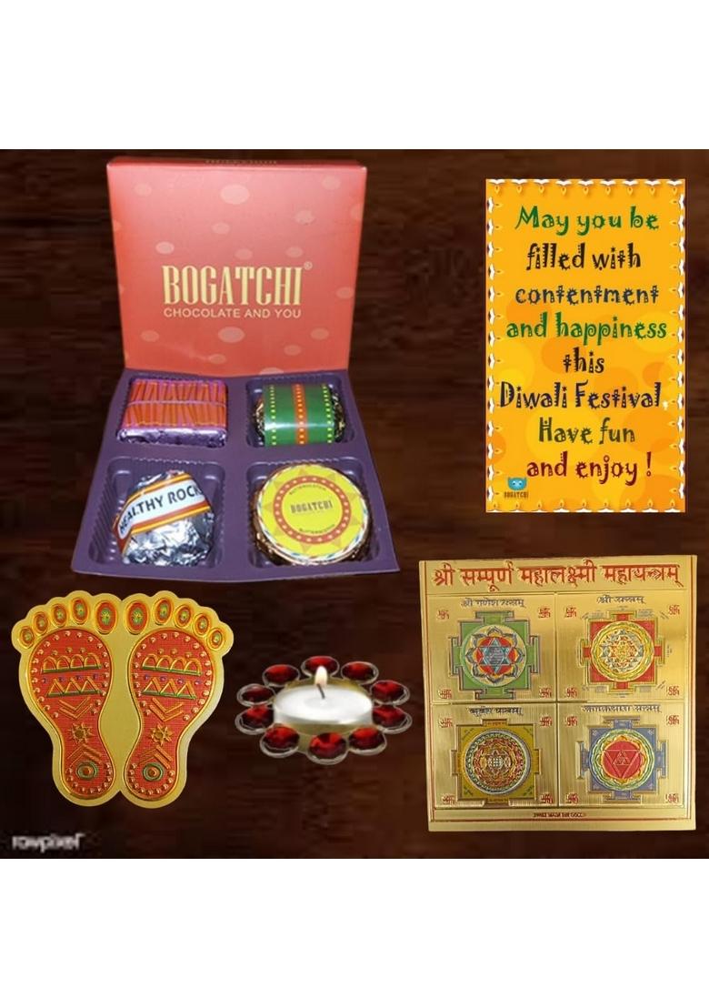 BOGATCHI Festive Chocolate Gift Box with T-Light Candle Holder, Mata Feet & Shri Yantra Perfect Diwali Hamper (Pack of 3, 55g)