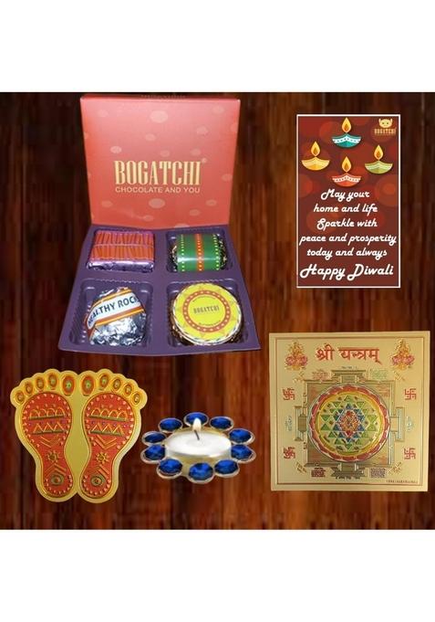 BOGATCHI Festive Chocolate Gift Box with T-Light Candle Holder, Mata Feet & Shri Yantra Perfect Diwali Hamper (Pack of 3, 55g)