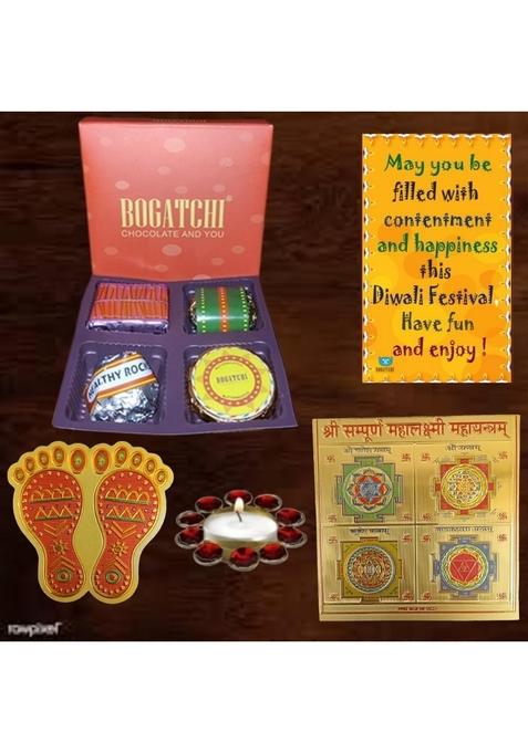 BOGATCHI Festive Chocolate Gift Box with T-Light Candle Holder, Mata Feet & Shri Yantra Perfect Diwali Hamper (Pack of 3, 55g)