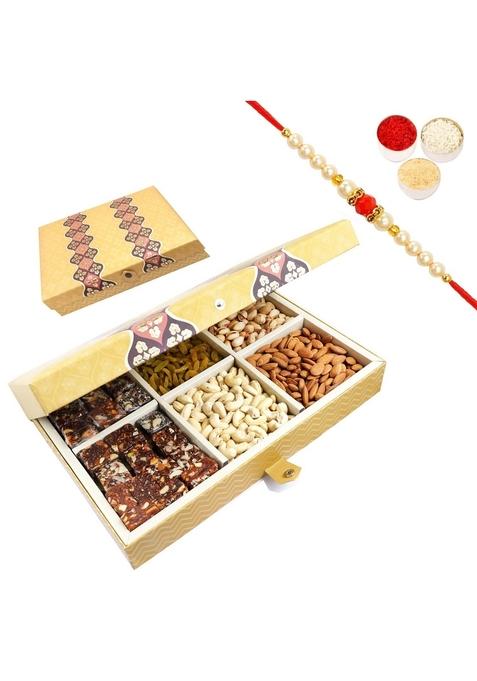 Ghasitaram Gifts Rakhi for Brothers Golden 6 Part Box with Dryfruits and Sugarfree Bites 900 GMS Beads