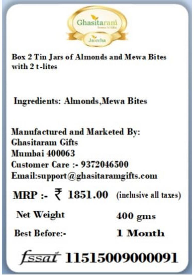 Ghasitaram Gifts Box 2 Tin Jars of Almonds and MEWA Bites with t-Lites|Dryfruit Gift Hamper|Dry Fruit Combo Pack Offer|Dry Pack|Dry Box|Diwali Dry Box|Mix Nut|