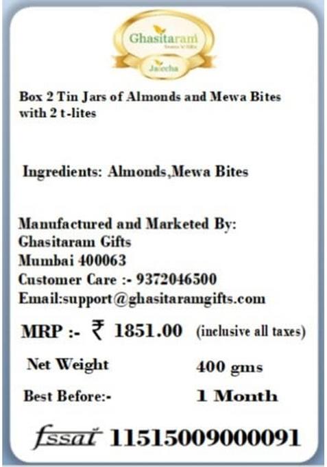 Ghasitaram Gifts Box 2 Tin Jars of Almonds and MEWA Bites with t-Lites|Dryfruit Gift Hamper|Dry Fruit Combo Pack Offer|Dry Pack|Dry Box|Diwali Dry Box|Mix Nut|