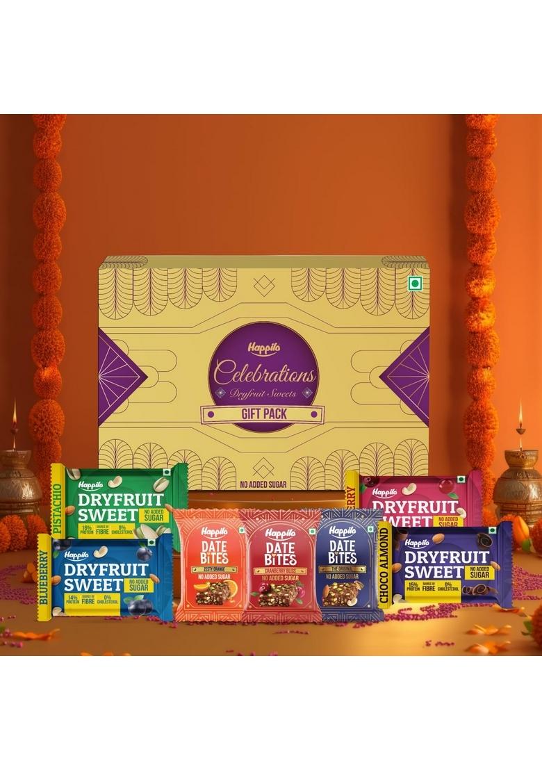 Happilo Premium Celebration Gift Box with 7 Inclusions | Dryfruit Sweets (Pistachio, Cranberry, Blueberry and Choco Almond) & Date Delight (Original, Cranberry Orange)