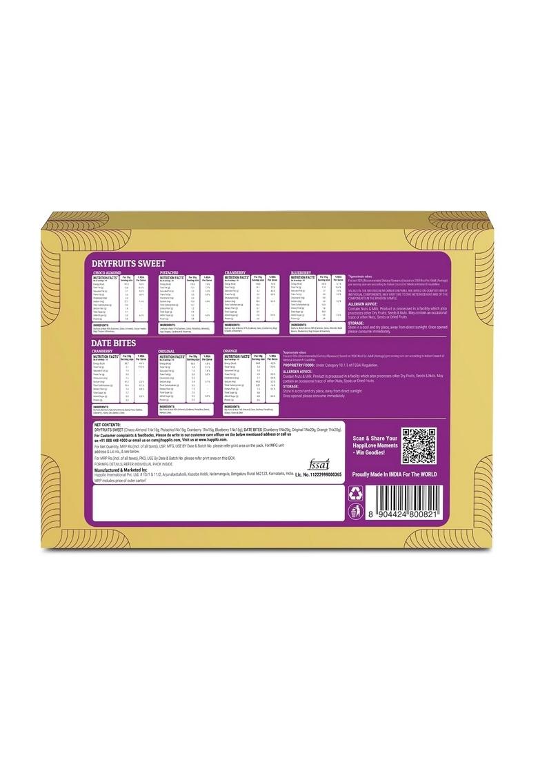 Happilo Premium Celebration Gift Box with 7 Inclusions | Dryfruit Sweets (Pistachio, Cranberry, Blueberry and Choco Almond) & Date Delight (Original, Cranberry Orange)