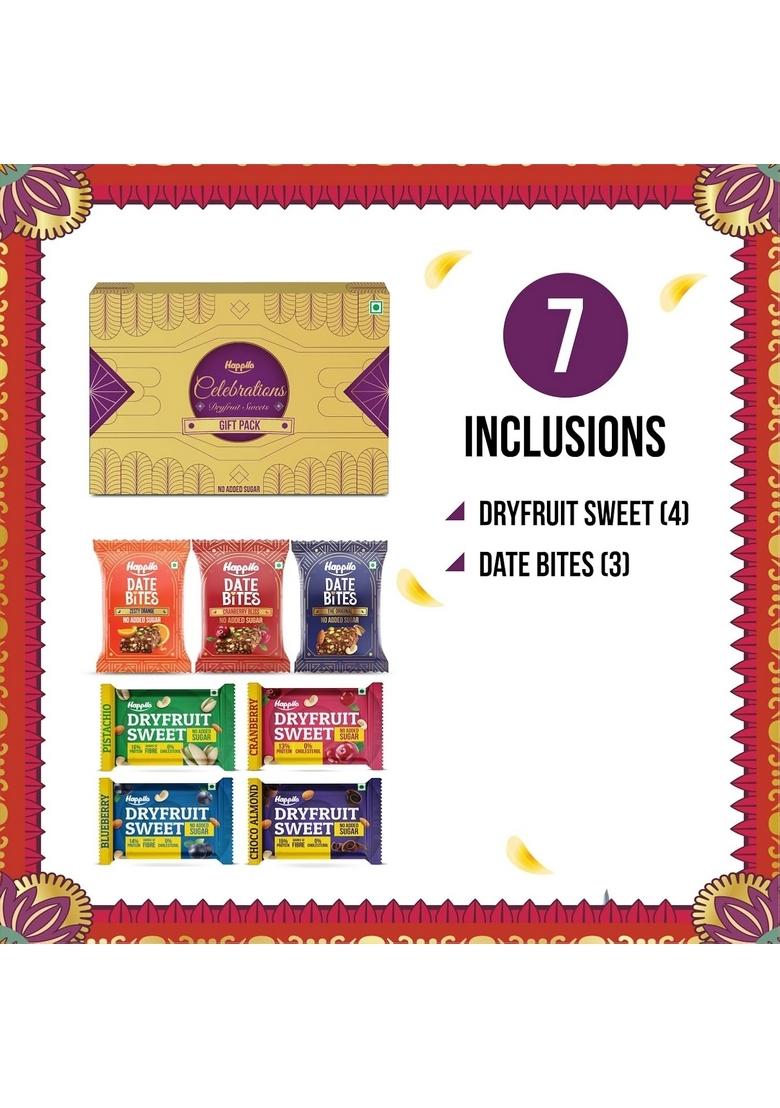 Happilo Premium Celebration Gift Box with 7 Inclusions | Dryfruit Sweets (Pistachio, Cranberry, Blueberry and Choco Almond) & Date Delight (Original, Cranberry Orange)