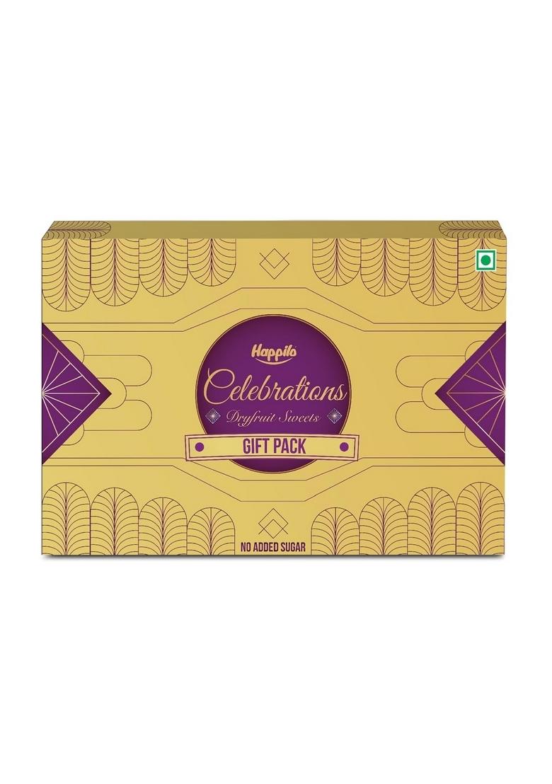 Happilo Premium Celebration Gift Box with 7 Inclusions | Dryfruit Sweets (Pistachio, Cranberry, Blueberry and Choco Almond) & Date Delight (Original, Cranberry Orange)