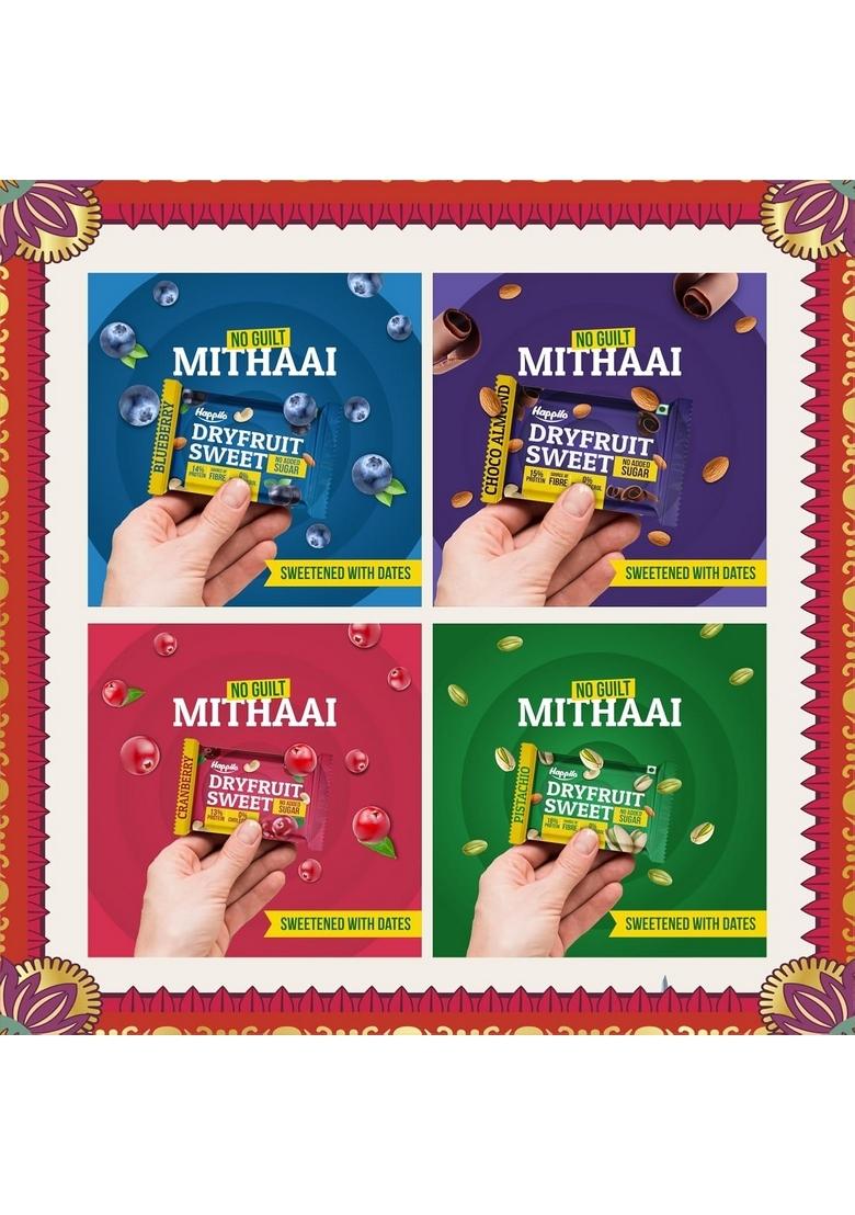 Happilo Premium Celebration Gift Box with 7 Inclusions | Dryfruit Sweets (Pistachio, Cranberry, Blueberry and Choco Almond) & Date Delight (Original, Cranberry Orange)