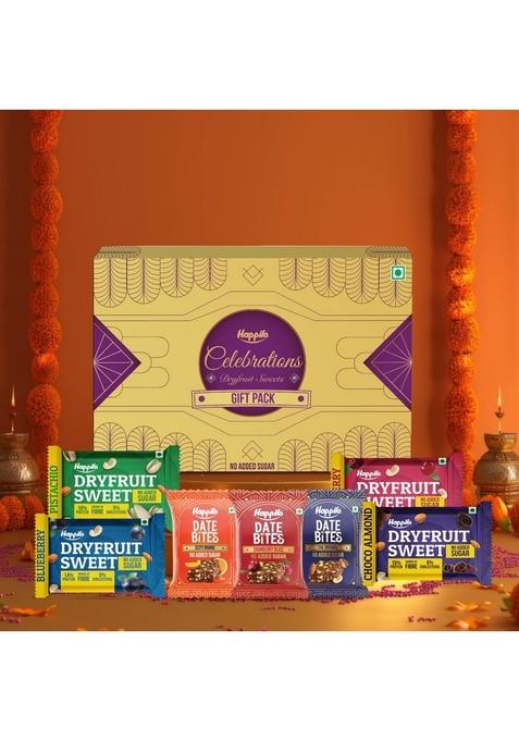 Happilo Premium Celebration Gift Box with 7 Inclusions | Dryfruit Sweets (Pistachio, Cranberry, Blueberry and Choco Almond) & Date Delight (Original, Cranberry Orange)