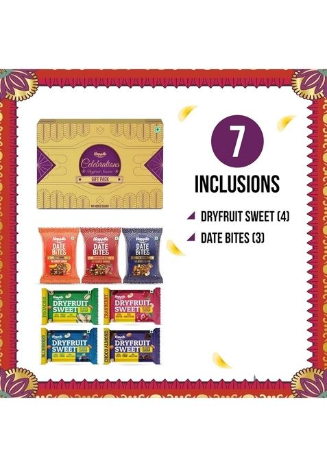 Happilo Premium Celebration Gift Box with 7 Inclusions | Dryfruit Sweets (Pistachio, Cranberry, Blueberry and Choco Almond) & Date Delight (Original, Cranberry Orange)