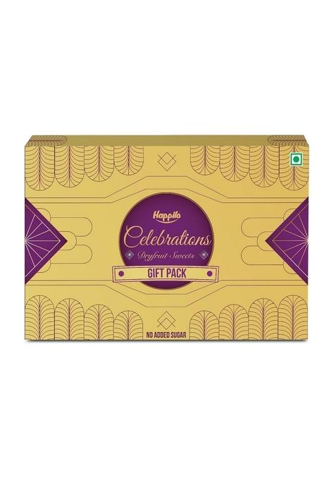 Happilo Premium Celebration Gift Box with 7 Inclusions | Dryfruit Sweets (Pistachio, Cranberry, Blueberry and Choco Almond) & Date Delight (Original, Cranberry Orange)