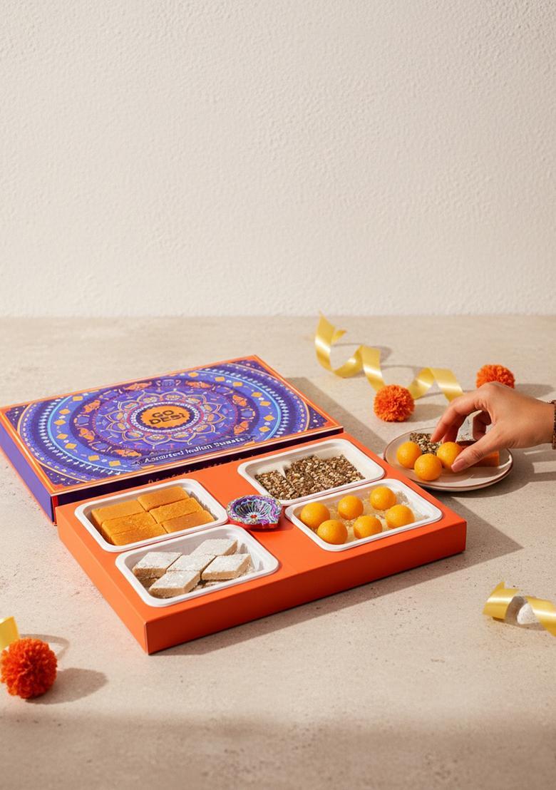 GO DESi Assorted Meetha Gift Box | Kaju Katli Besan Laddoo Mysore Pak Badam Coconut Barfi Sweets Indian Mithai Pack