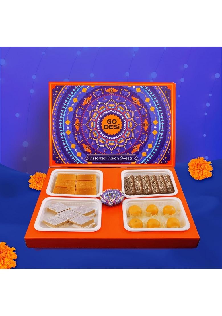 GO DESi Assorted Meetha Gift Box | Kaju Katli Besan Laddoo Mysore Pak Badam Coconut Barfi Sweets Indian Mithai Pack