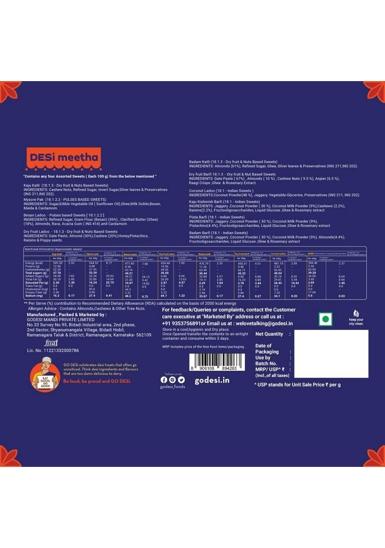 GO DESi Assorted Meetha Gift Box | Kaju Katli Besan Laddoo Mysore Pak Badam Coconut Barfi Sweets Indian Mithai Pack
