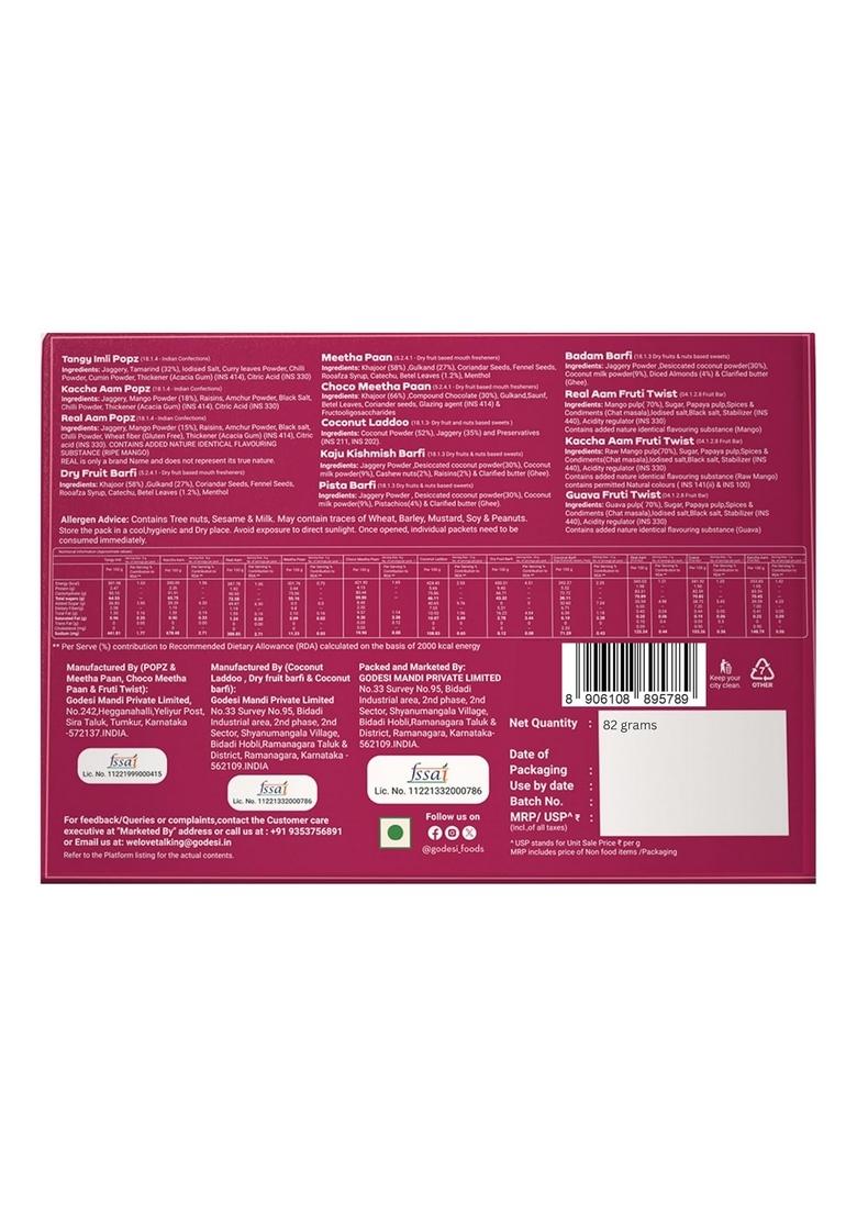 GO DESi Bhai Dooj Gift Box 12 Items| set for brother sister | Share the Joy |Coconut Laddu POPz: Tangy Imli, Real Aam, Kaccha Aam Meetha Paan Diwali Gifts Family and Friends