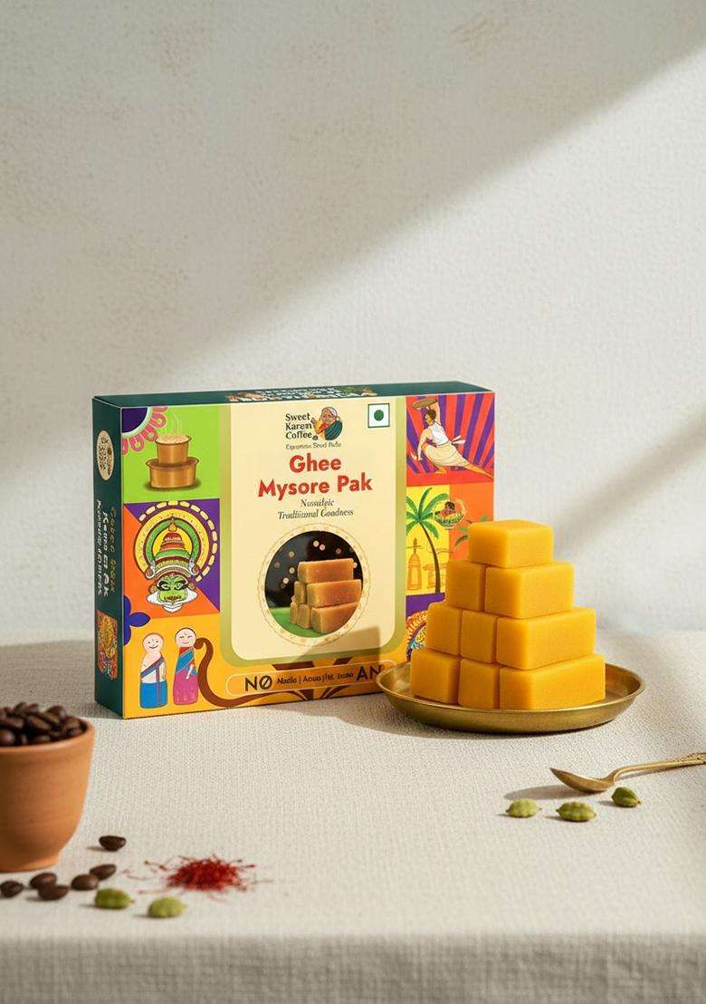 SWEET KARAM COFFEE Ghee Mysore Pak 100grams | Traditional South Indian Made with Pure No Refined Sugar Soft & Rich Texture Homemade Mithai Festive Treat - Indya
