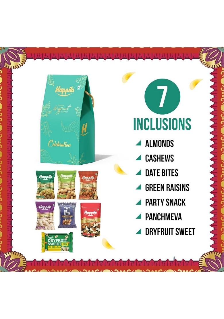 Happilo Premium Celebrations Gift Pack with 7 Inclusions | Dry fruit Sweet, Date Delight, Almond, Cashew, Raisin,Panchmeva, Party Snack Robin Fruits box for Birthday's and Anniversaries