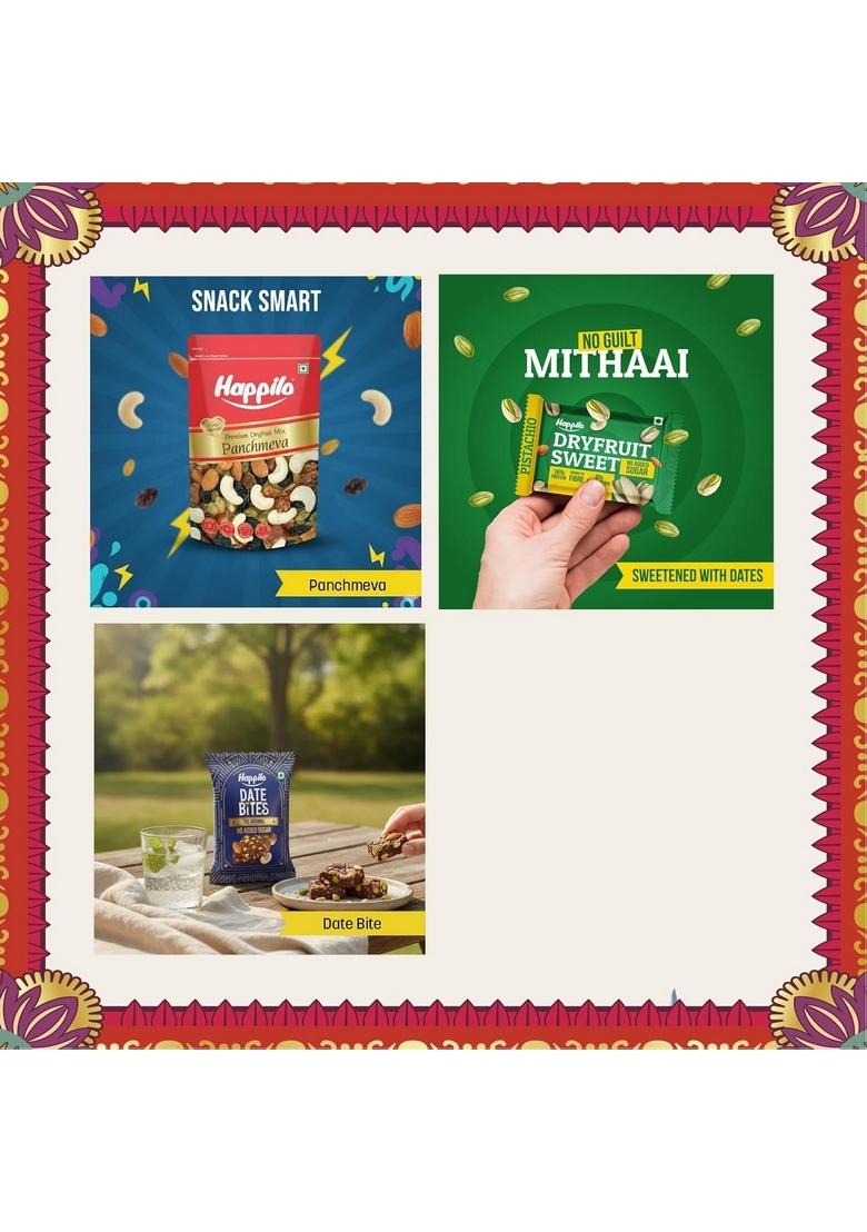 Happilo Premium Celebrations Gift Pack with 7 Inclusions | Dry fruit Sweet, Date Delight, Almond, Cashew, Raisin,Panchmeva, Party Snack Robin Fruits box for Birthday's and Anniversaries