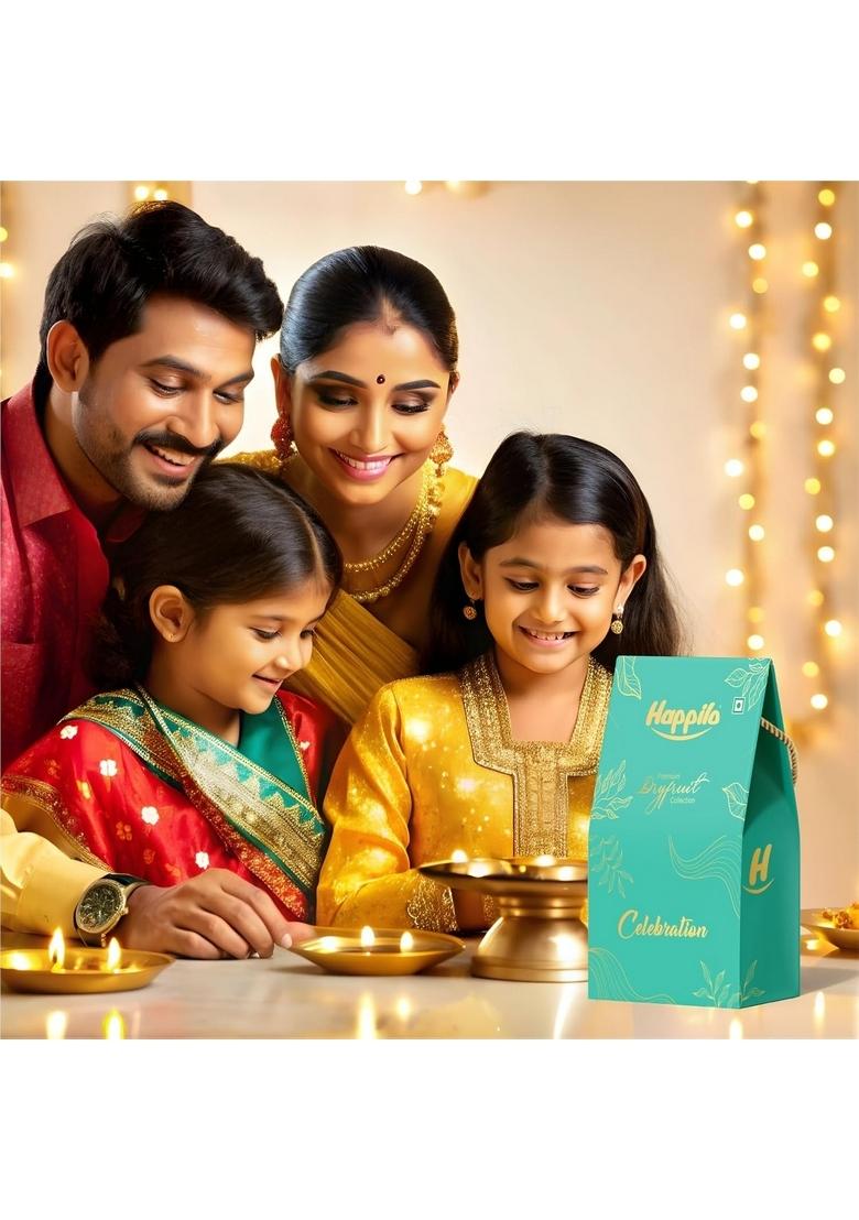 Happilo Premium Celebrations Gift Pack with 7 Inclusions | Dry fruit Sweet, Date Delight, Almond, Cashew, Raisin,Panchmeva, Party Snack Robin Fruits box for Birthday's and Anniversaries