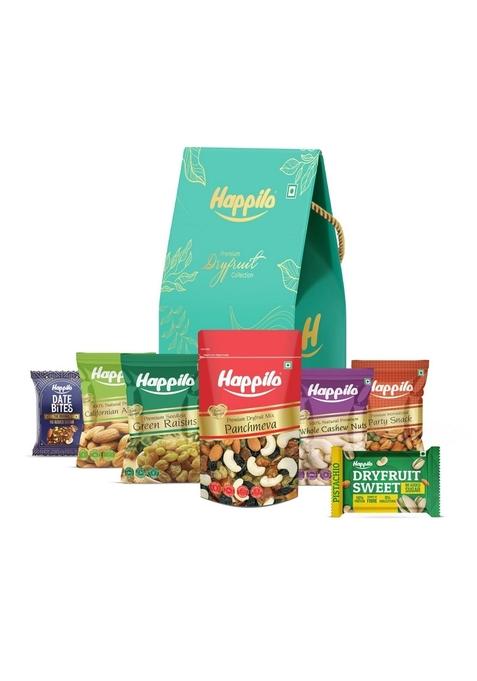Happilo Premium Celebrations Gift Pack with 7 Inclusions | Dry fruit Sweet, Date Delight, Almond, Cashew, Raisin,Panchmeva, Party Snack Robin Fruits box for Birthday's and Anniversaries