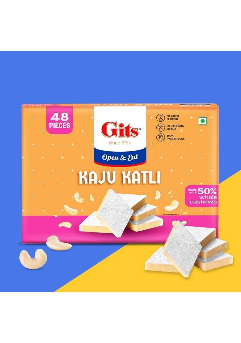 Gits Kaju Katli 500 Gm X 1 Box (48 Pieces) | Made with Finest Cashews Barfi Indian Mithai No Added Colours |Traditional Sweets Gift Pack - Indya