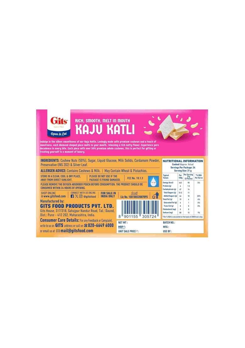 Gits Kaju Katli 500 Gm X 1 Box (48 Pieces) | Made with Finest Cashews Barfi Indian Mithai No Added Colours |Traditional Sweets Gift Pack - Indya