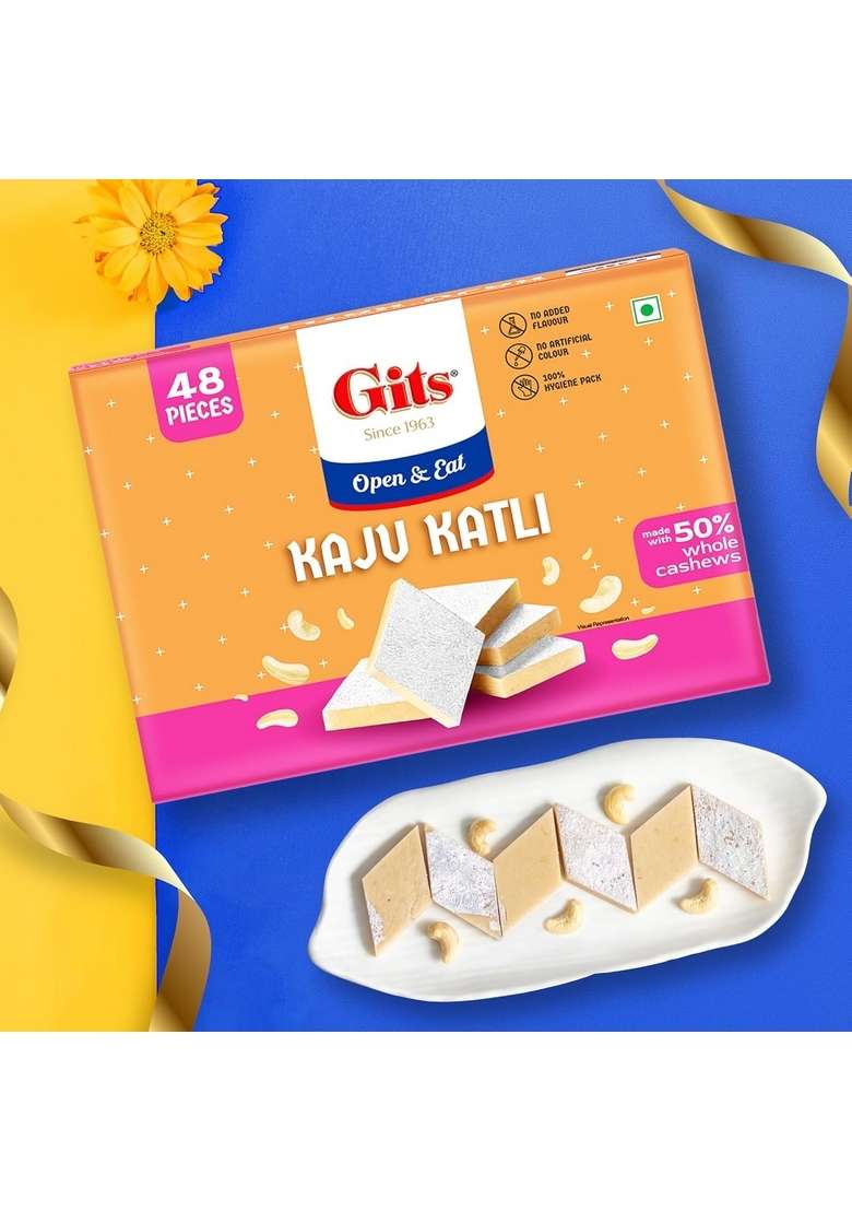 Gits Kaju Katli 500 Gm X 1 Box (48 Pieces) | Made with Finest Cashews Barfi Indian Mithai No Added Colours |Traditional Sweets Gift Pack - Indya