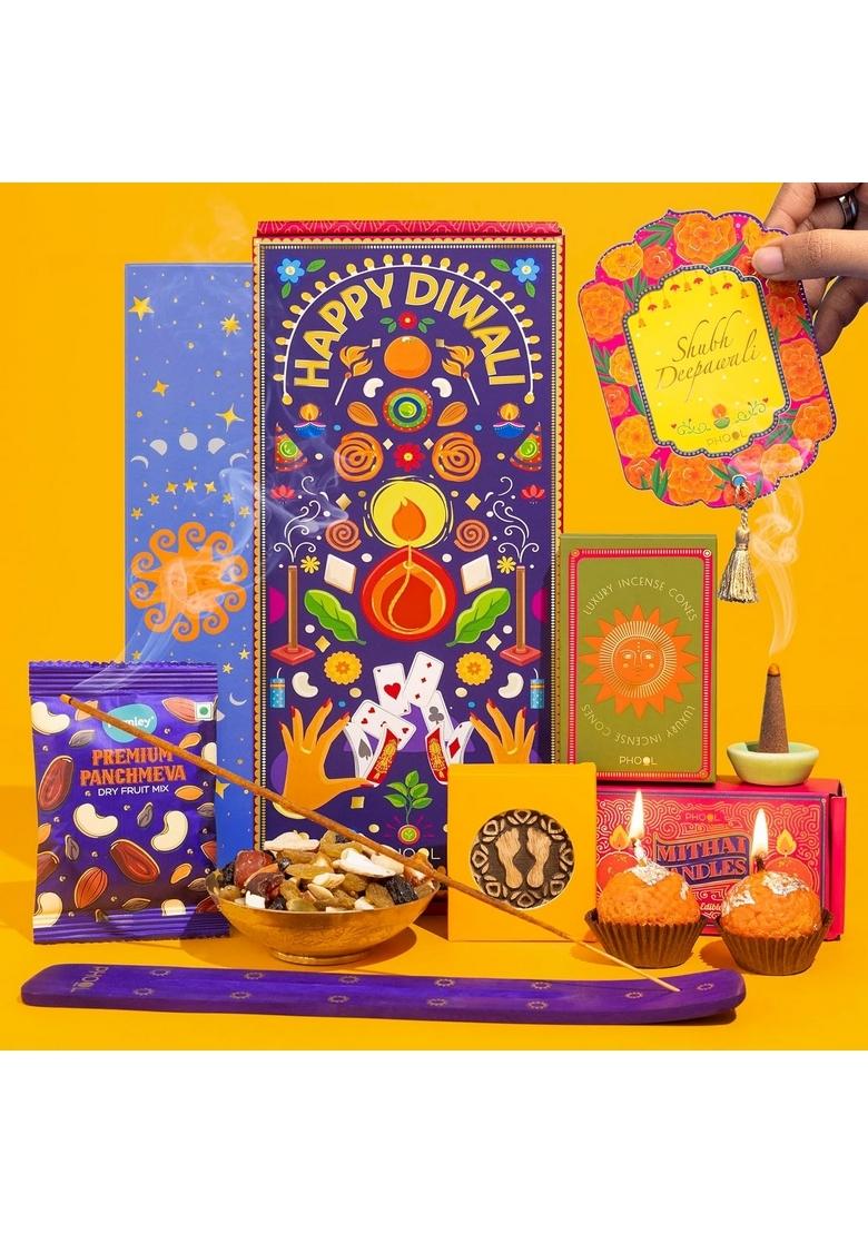 PHOOL LUXURY INCENSE Diwali Delight Gift Box | Premium Festive Hamper with Dry Fruits, Cones, Mithai Candles, Sticks,Panchmeva, Wooden Laxmi Charan & Greeting Card for Family Friends