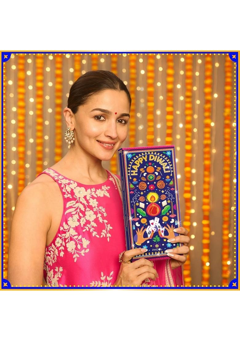 PHOOL LUXURY INCENSE Diwali Delight Gift Box | Premium Festive Hamper with Dry Fruits, Cones, Mithai Candles, Sticks,Panchmeva, Wooden Laxmi Charan & Greeting Card for Family Friends