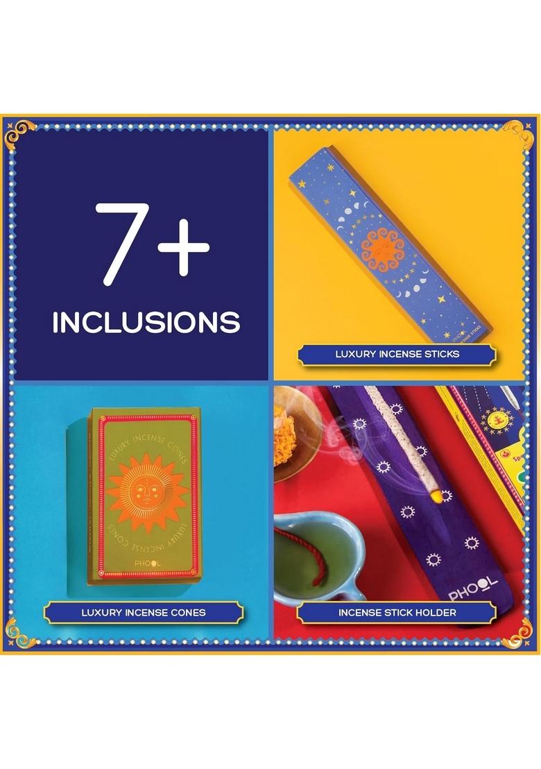 PHOOL LUXURY INCENSE Diwali Delight Gift Box | Premium Festive Hamper with Dry Fruits, Cones, Mithai Candles, Sticks,Panchmeva, Wooden Laxmi Charan & Greeting Card for Family Friends