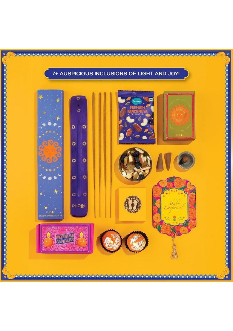 PHOOL LUXURY INCENSE Diwali Delight Gift Box | Premium Festive Hamper with Dry Fruits, Cones, Mithai Candles, Sticks,Panchmeva, Wooden Laxmi Charan & Greeting Card for Family Friends