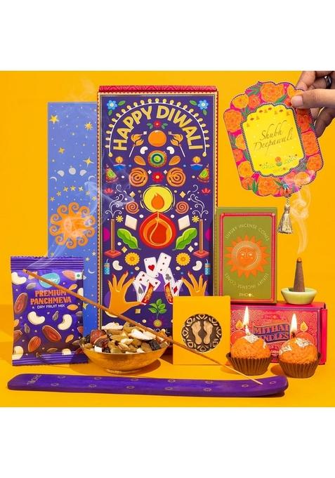 PHOOL LUXURY INCENSE Diwali Delight Gift Box | Premium Festive Hamper with Dry Fruits, Cones, Mithai Candles, Sticks,Panchmeva, Wooden Laxmi Charan & Greeting Card for Family Friends