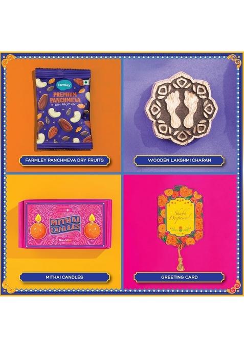 PHOOL LUXURY INCENSE Diwali Delight Gift Box | Premium Festive Hamper with Dry Fruits, Cones, Mithai Candles, Sticks,Panchmeva, Wooden Laxmi Charan & Greeting Card for Family Friends