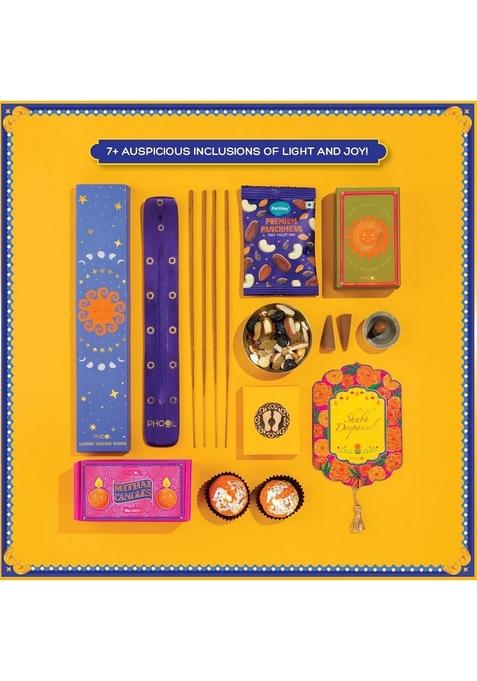 PHOOL LUXURY INCENSE Diwali Delight Gift Box | Premium Festive Hamper with Dry Fruits, Cones, Mithai Candles, Sticks,Panchmeva, Wooden Laxmi Charan & Greeting Card for Family Friends