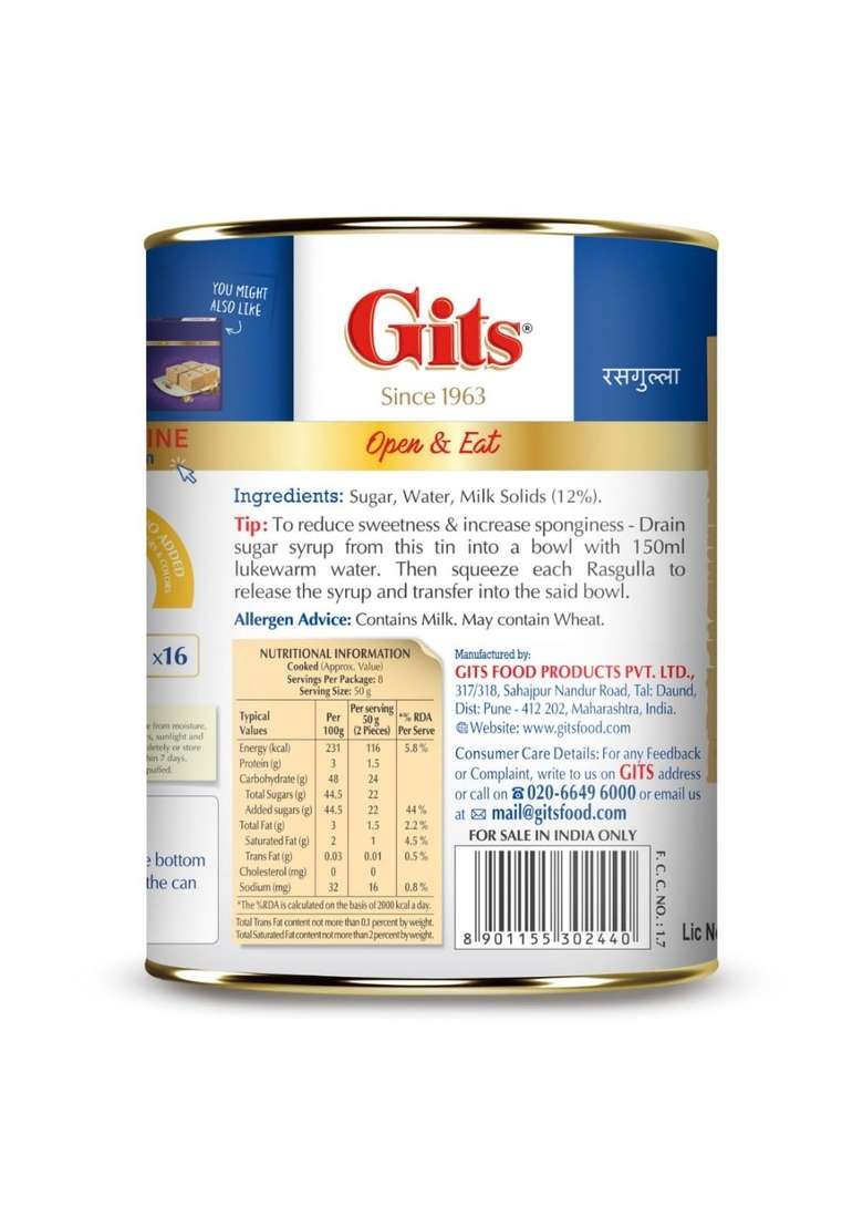 Gits Open & Eat Rasgulla Tin, 16 Pieces per Can, Mouth-Watering Indian Mithai, 1Kg - Indya