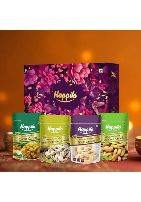 Happilo Premium Diwali Gift Pack with 10 Inclusions | Evil Eye Thread, Roli Chawal, Designer Plate, Mithai Candle, Pista, Almonds, Cashew, Raisins, Snack & Card, Dry Fruit ZEFA Box