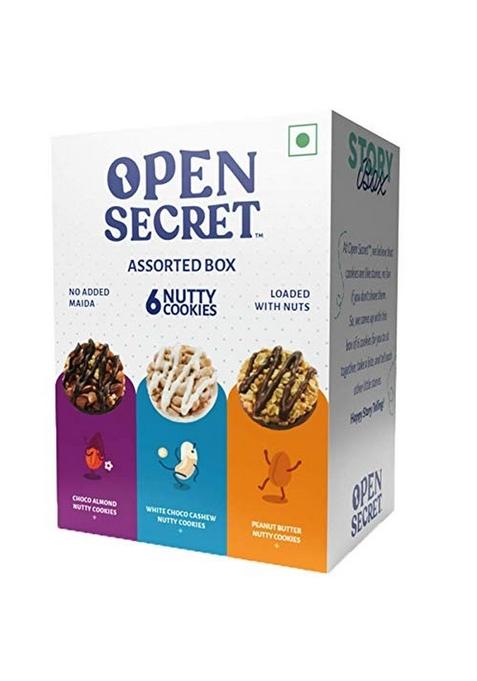 Open Secret Multi Flavor Assorted Story Box with Choco Almond, White Cashew & Peanut Butter Nutty Cookies|No Added Maida| Family Snacks Biscuit | 6 Cookies, 75g