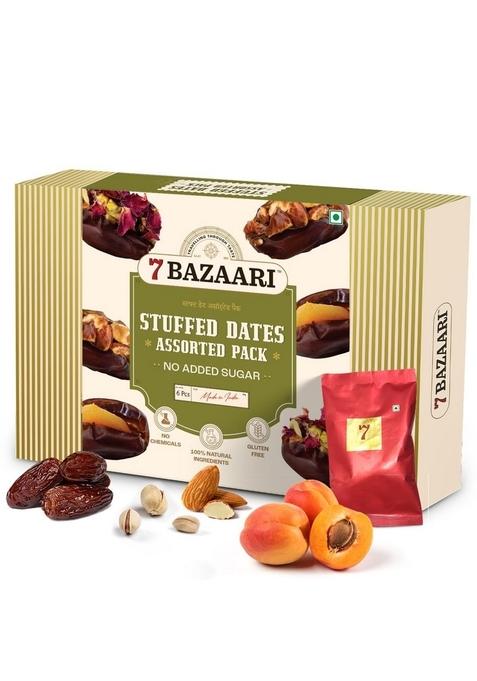 7 BAZAARI Healthy Stuffed Dates | Premium Assorted Box with Almond, Pistachio, Apricot & Honey No Added Sugar, Gluten-Free, Natural Festival Sweets Gift Pack
