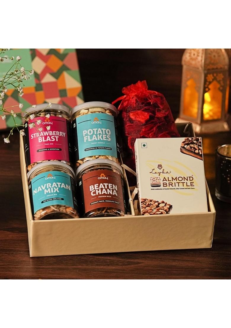 Omay Foods Wonderful Delights Gift Box I Dry-Fruits, Healthy Snacks, Tea Wedding Hamper | Corporate New Years Favors Premium Festive