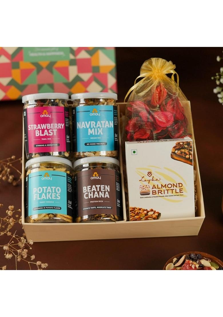 Omay Foods Wonderful Delights Gift Box I Dry-Fruits, Healthy Snacks, Tea Wedding Hamper | Corporate New Years Favors Premium Festive