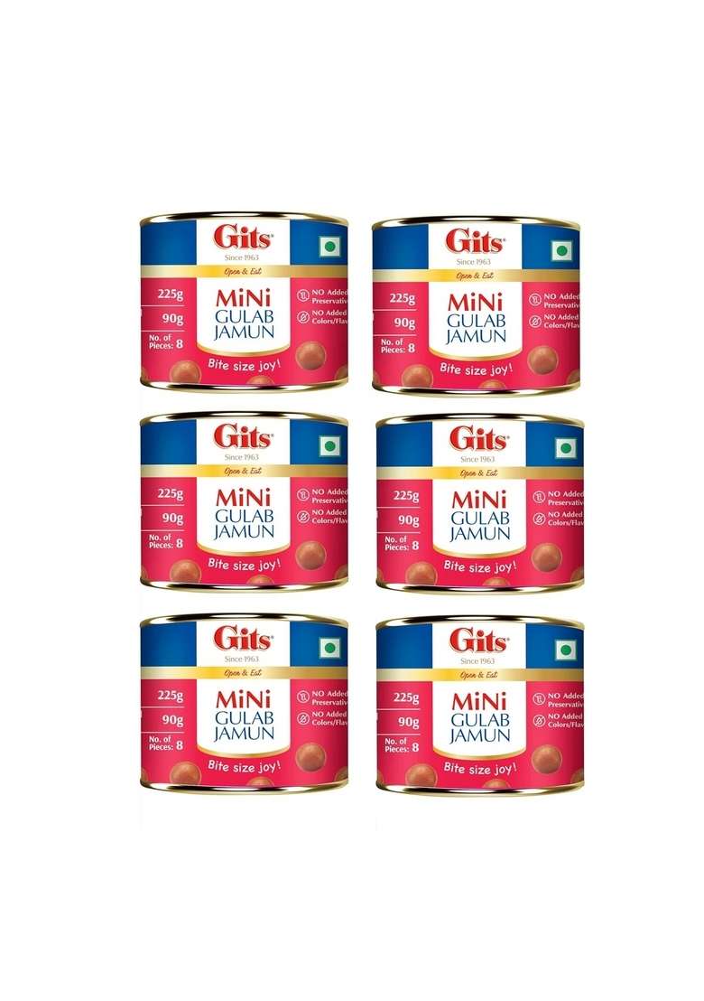 Gits MiNi Gulab Jamun Open & Eat Tin 225 ml | Pack Of 6 Tins 8 Jamuns In Each Quick Sweet Cravings - Indya