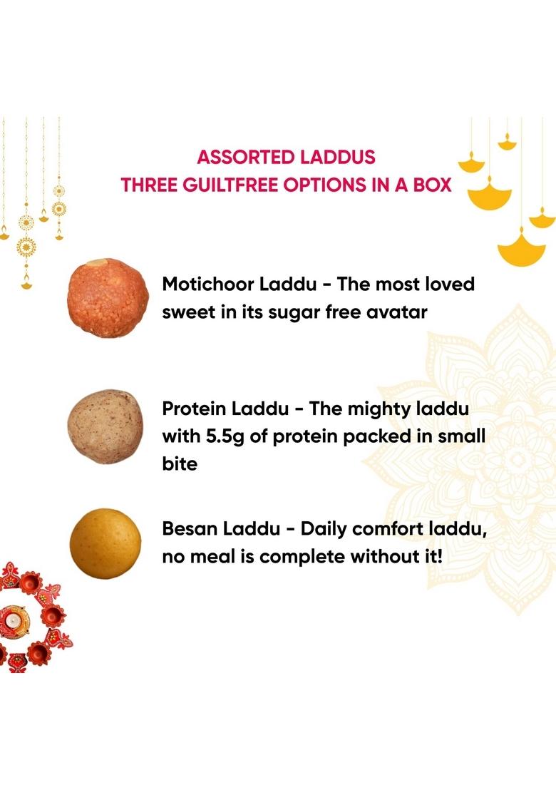 Artinci Sugar Free Assorted Laddu Sampler Pack of 6 (Motichoor, Protein, Besan) | Diabetic Friendly Zero Maida, sugar, Oil Guilt-Free Mithai Trial Box, 2 Each Type