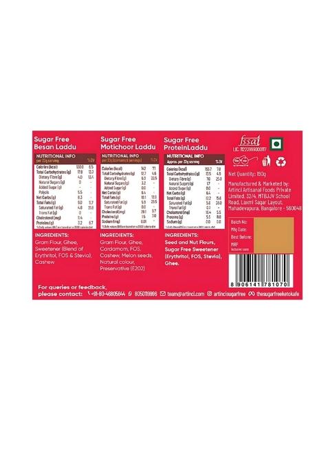 Artinci Sugar Free Assorted Laddu Sampler Pack of 6 (Motichoor, Protein, Besan) | Diabetic Friendly Zero Maida, sugar, Oil Guilt-Free Mithai Trial Box, 2 Each Type