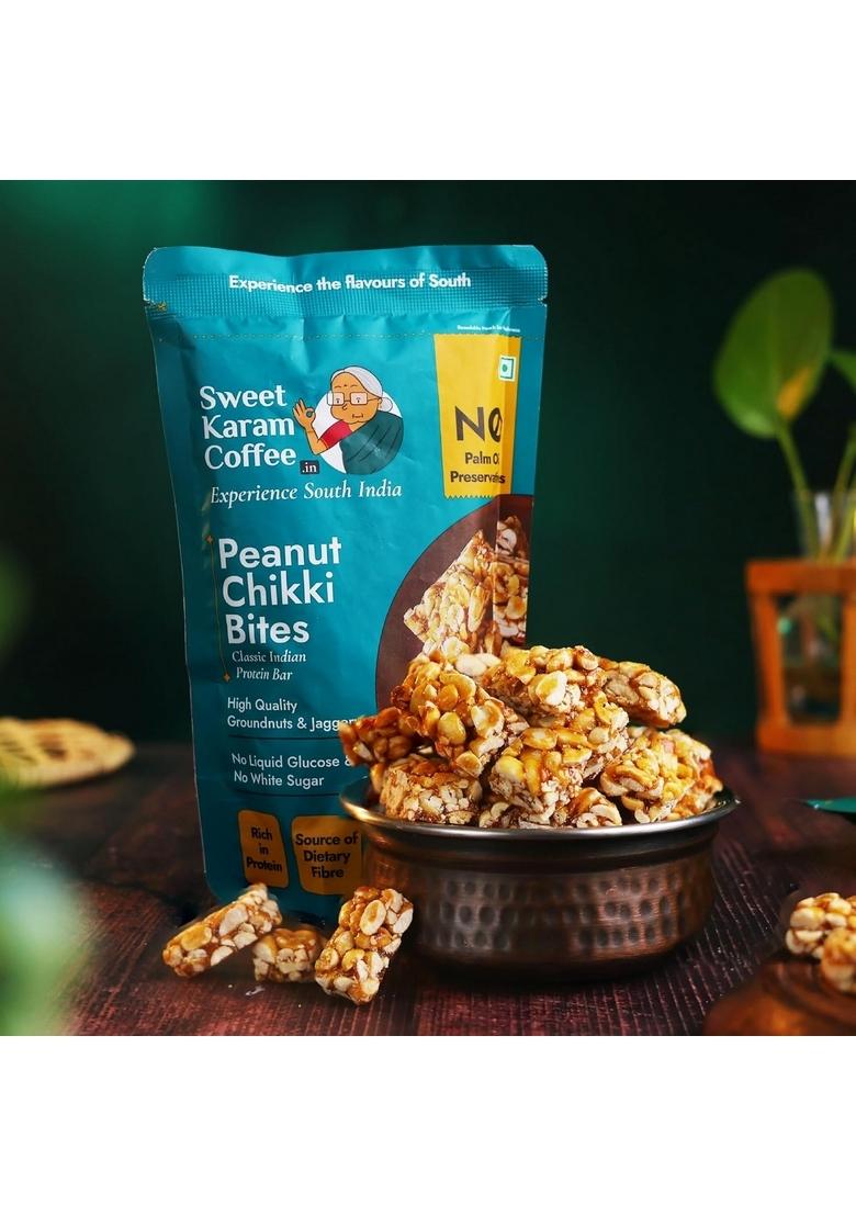SWEET KARAM COFFEE Peanut Chikki Bites Pack of 2 (150g Each) | No Palm Oil or Preservatives Jaggery Sweetened White Sugar Free High Protein & Fiber Kadalai Mittai Gajak Healthy Indian Snack