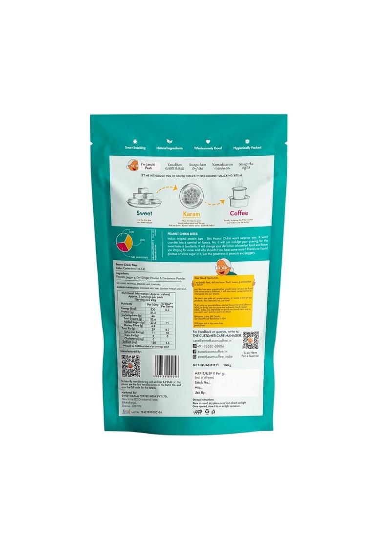 SWEET KARAM COFFEE Peanut Chikki Bites Pack of 2 (150g Each) | No Palm Oil or Preservatives Jaggery Sweetened White Sugar Free High Protein & Fiber Kadalai Mittai Gajak Healthy Indian Snack