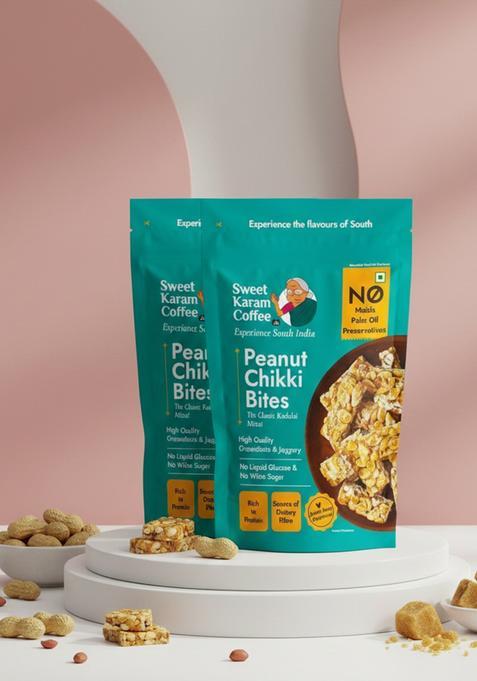 SWEET KARAM COFFEE Peanut Chikki Bites Pack of 2 (150g Each) | No Palm Oil or Preservatives Jaggery Sweetened White Sugar Free High Protein & Fiber Kadalai Mittai Gajak Healthy Indian Snack