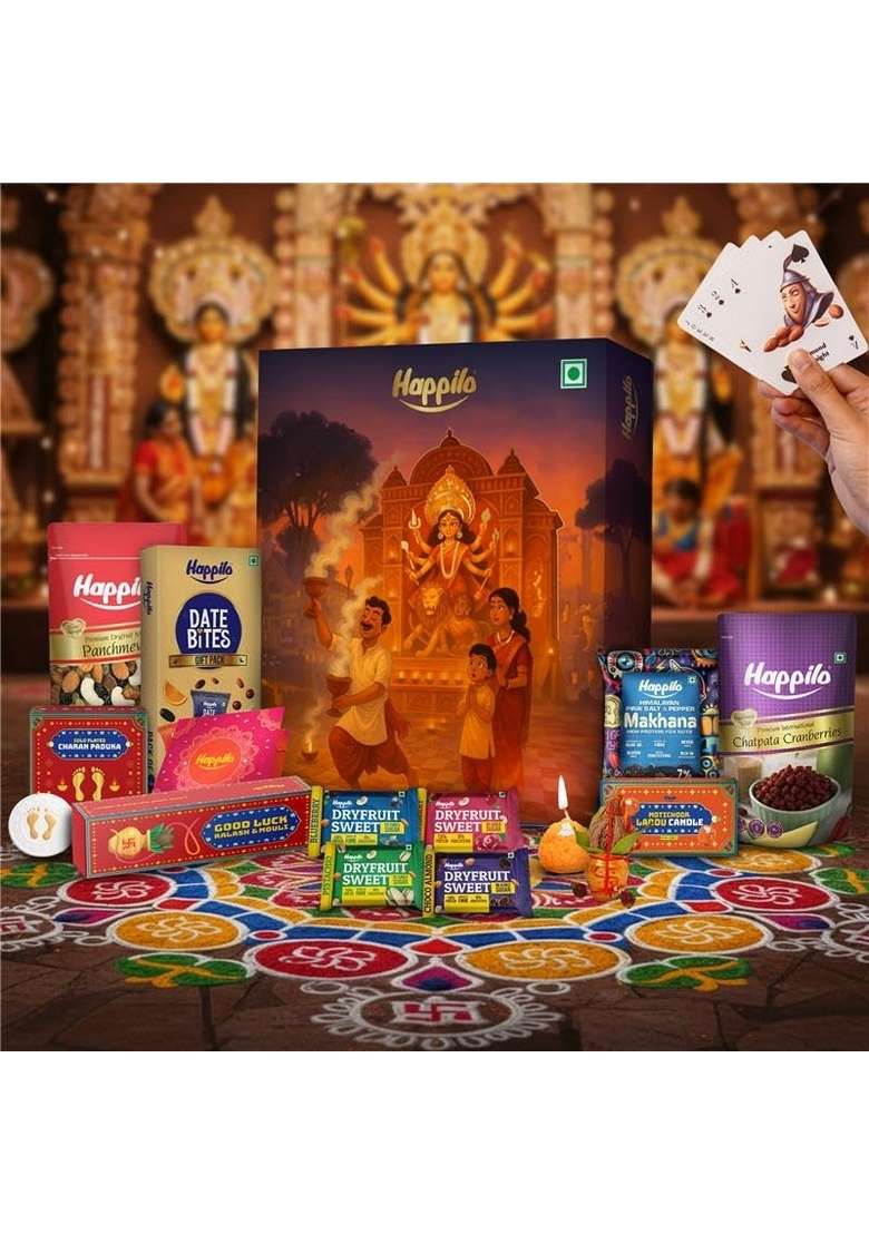 Happilo Premium Puja Gift Box with 14 inclusions | Gold Plated Charan Paduka Playing Cards Scented Candles Date Delight, Dry Fruit Sweets, Kalash, Cotton Wick, Makhana, Panchmeva, Cranberries| Hamper - Indya