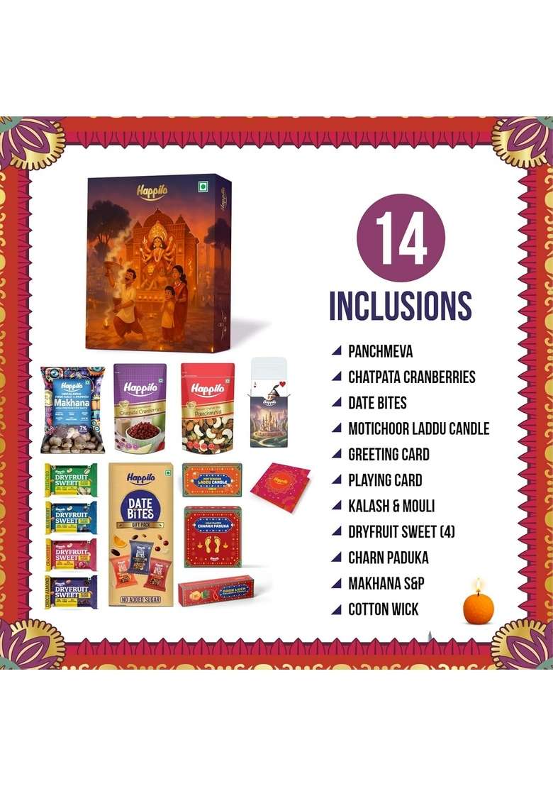 Happilo Premium Puja Gift Box with 14 inclusions | Gold Plated Charan Paduka Playing Cards Scented Candles Date Delight, Dry Fruit Sweets, Kalash, Cotton Wick, Makhana, Panchmeva, Cranberries| Hamper - Indya