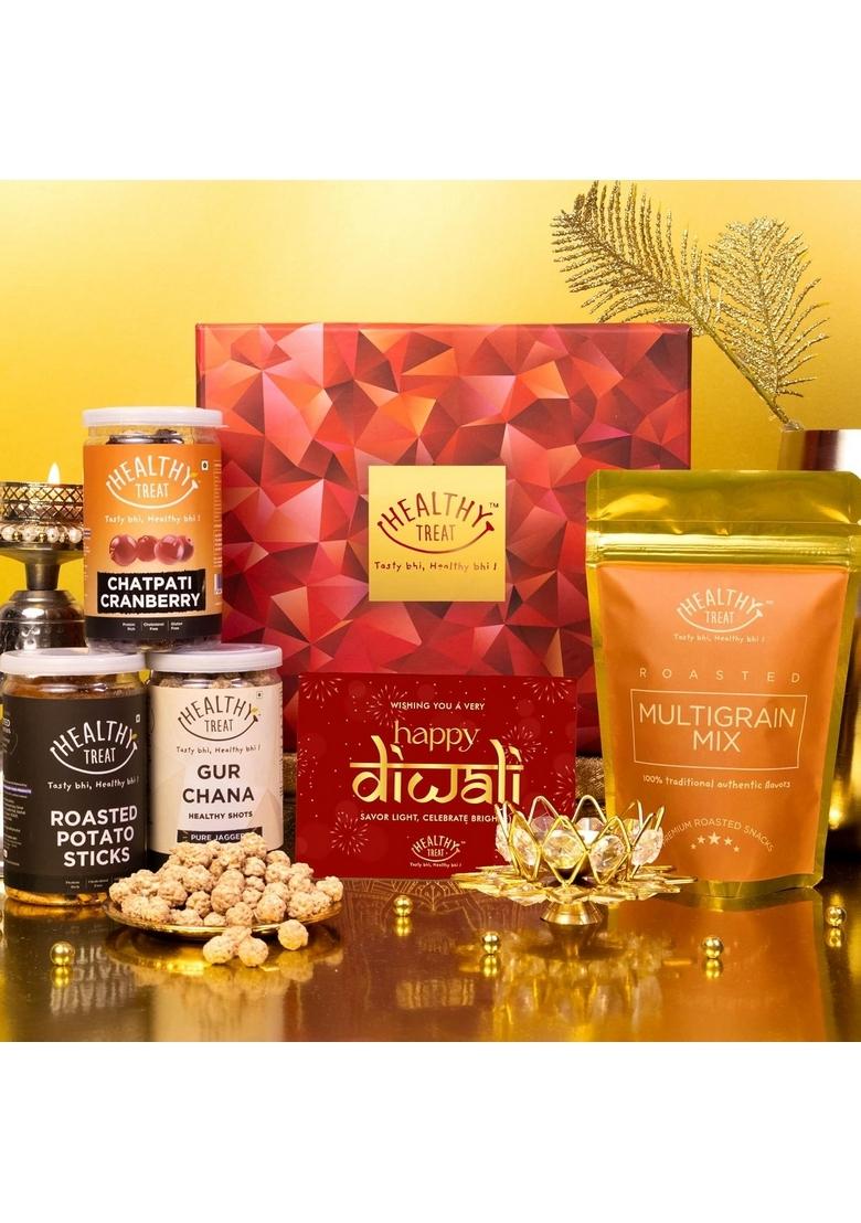 Healthy Treat Diwali Glow Gift Hamper | Roasted Snacks Box with Crystal Diya and Greeting Card Diwali-Gift Hampers Sweet Savory Wholesome Corporate Gifting Deepawali for
